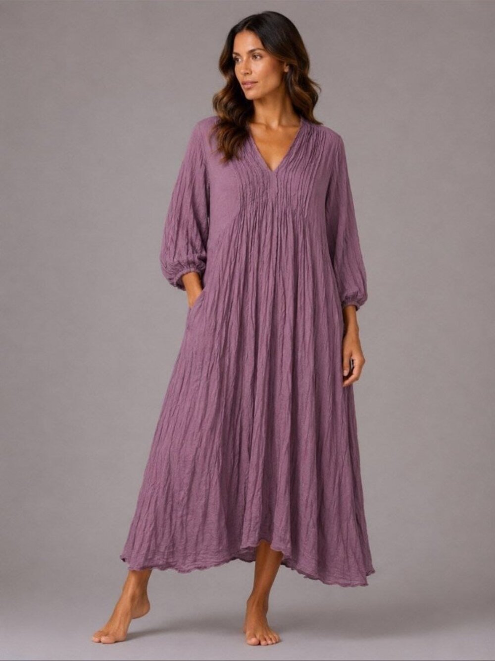 Mauve Purple Cotton Maxi Dress OneSize Boho Crinkle Lagenlook Oversized Thailand